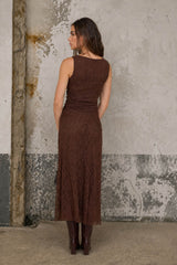 Dark Brown Lace Ruched Midi Tank Dress
