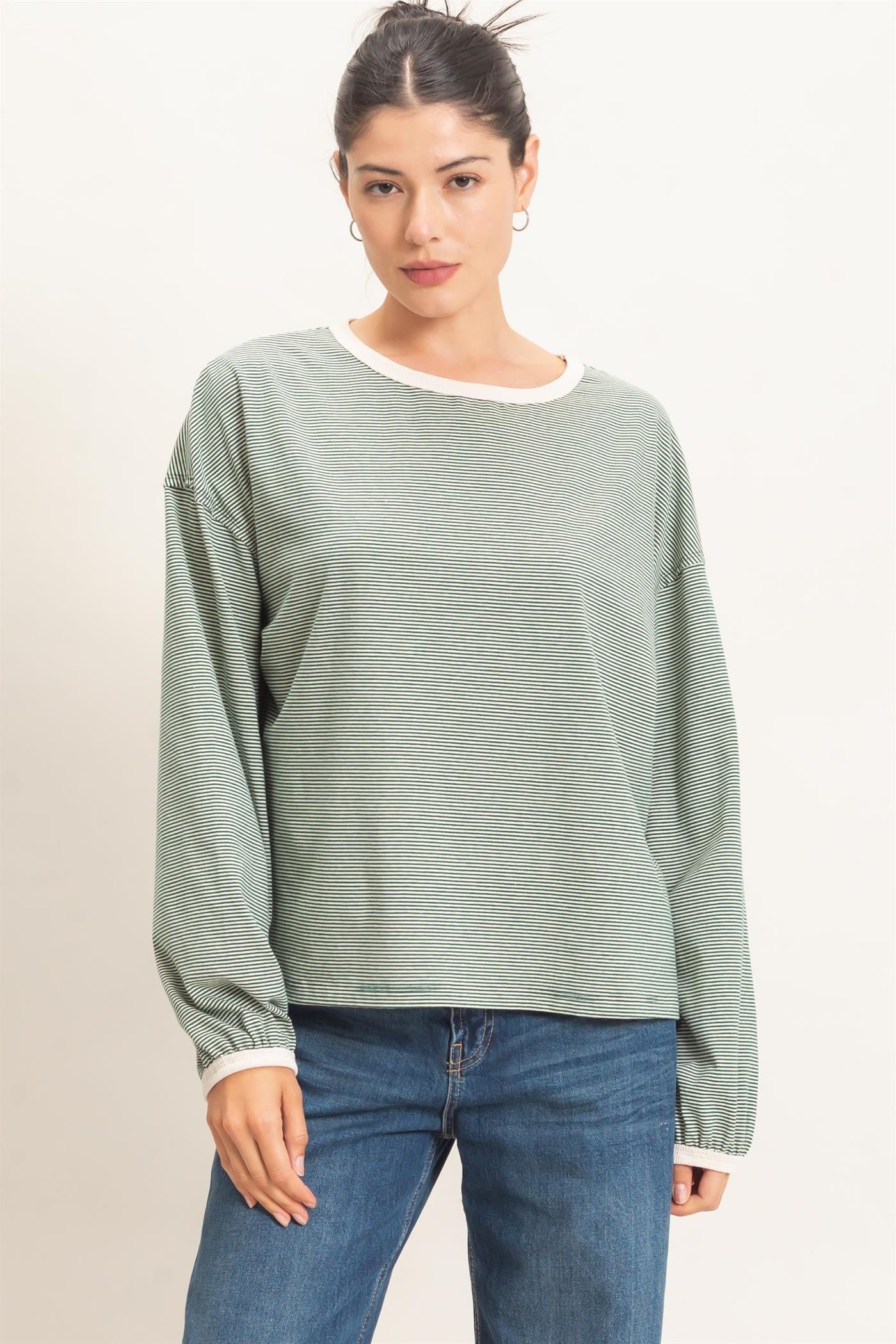 Green Striped Boat Neck Long Sleeve Top