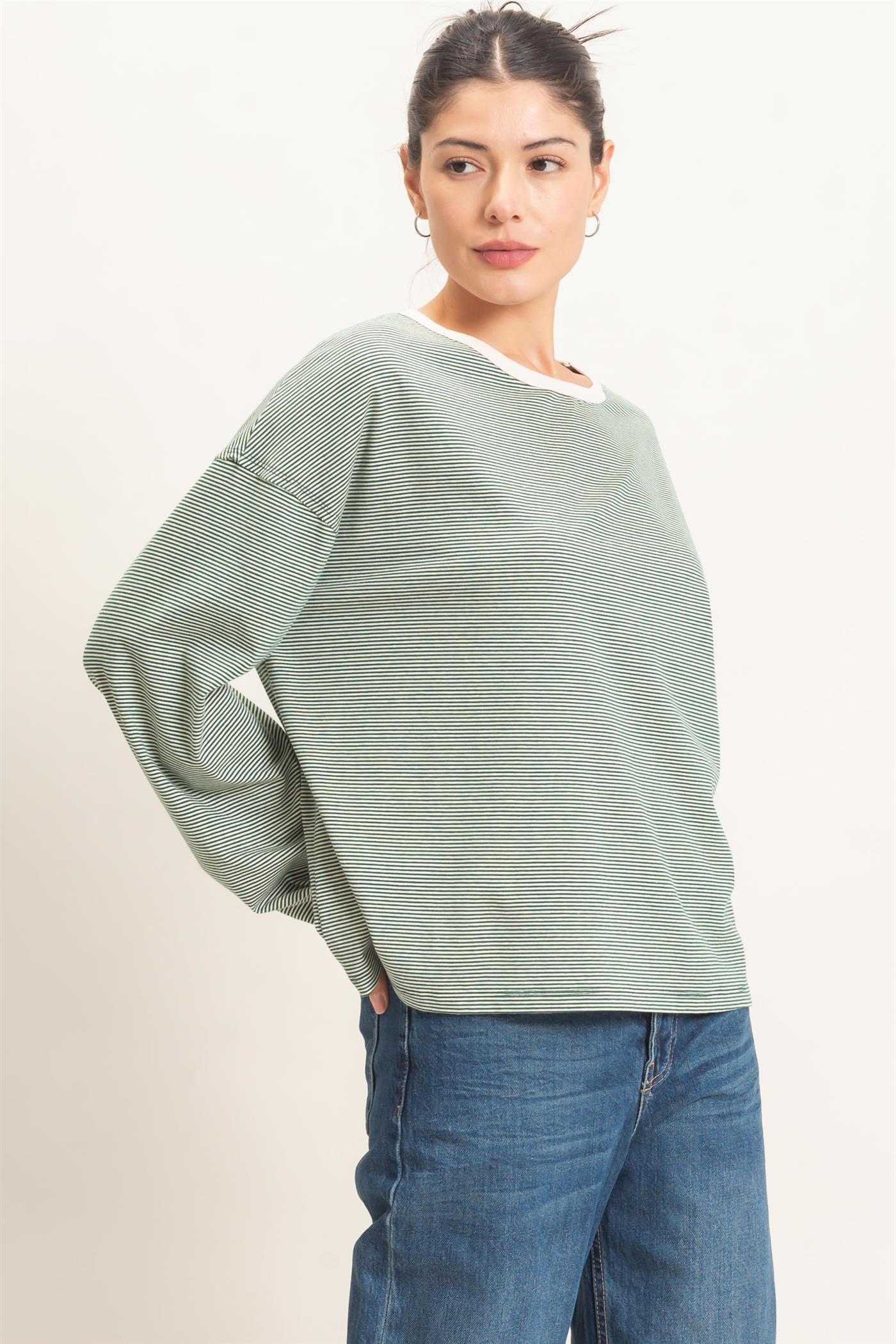 Green Striped Boat Neck Long Sleeve Top