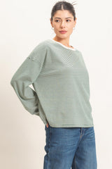 Green Striped Boat Neck Long Sleeve Top