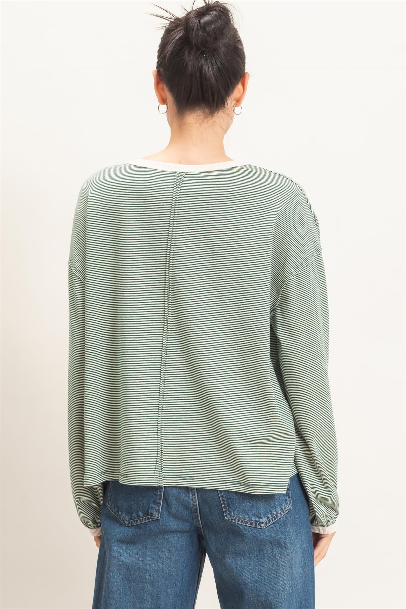 Green Striped Boat Neck Long Sleeve Top