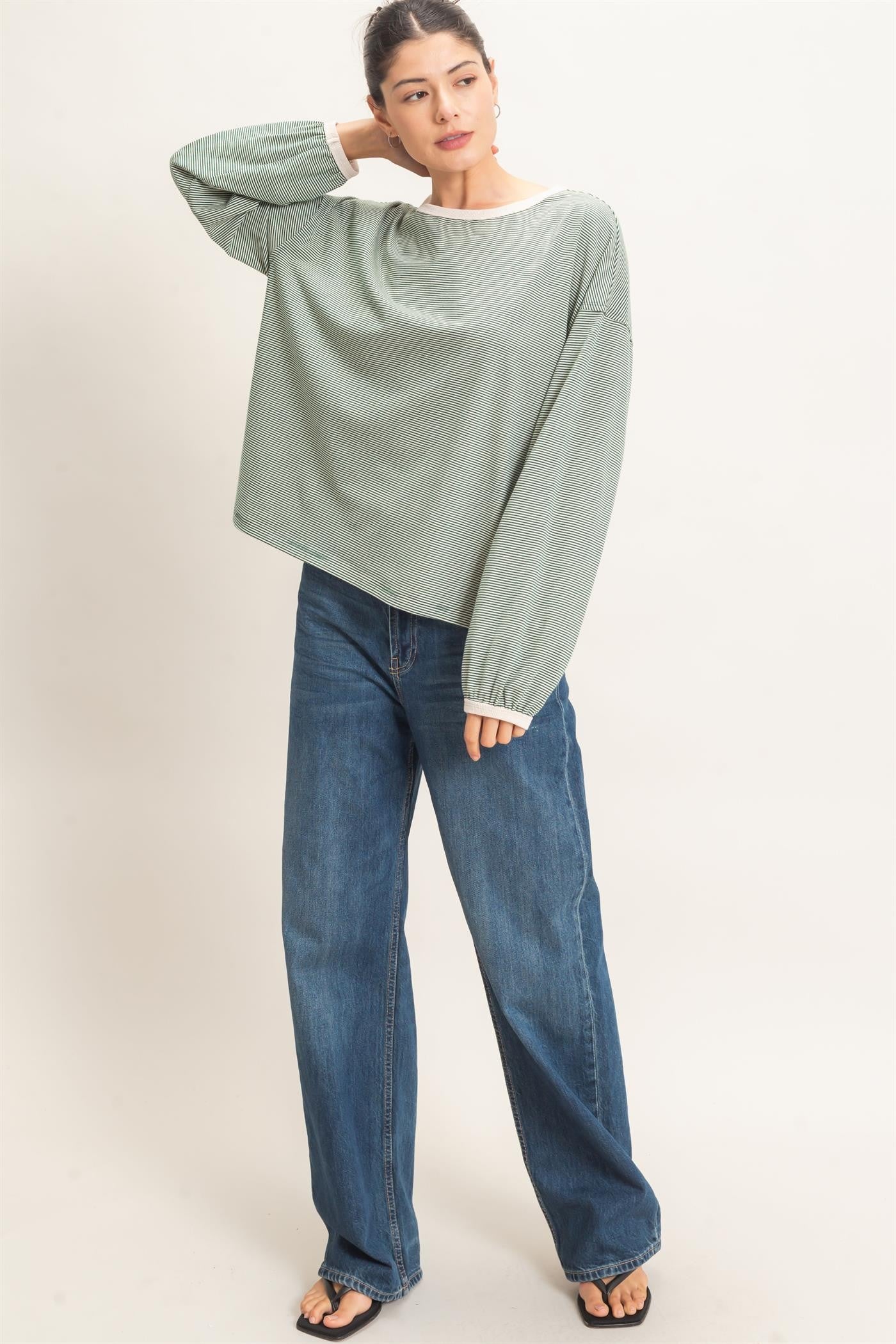 Green Striped Boat Neck Long Sleeve Top