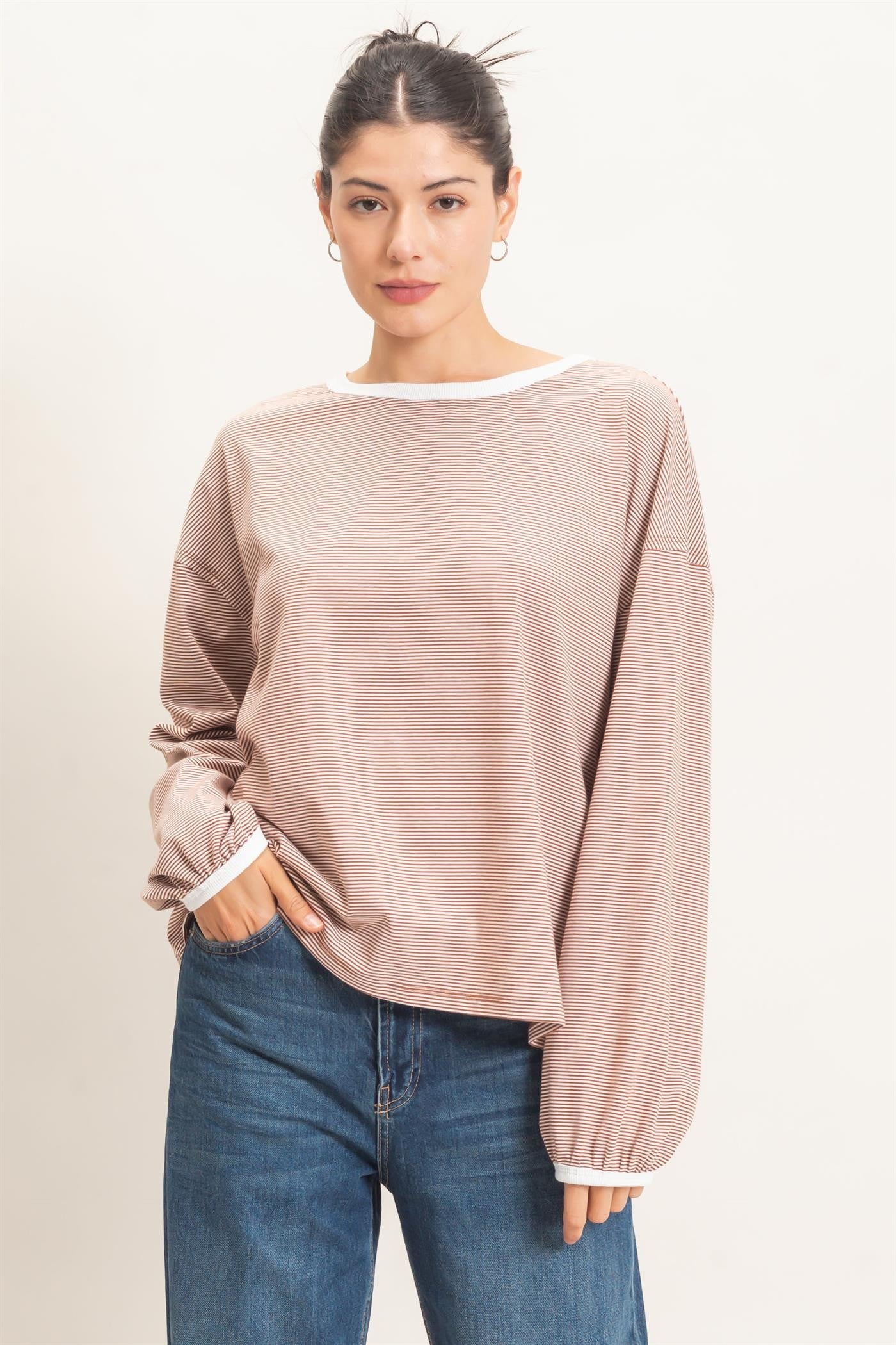 Brick Striped Boat Neck Long Sleeve Top