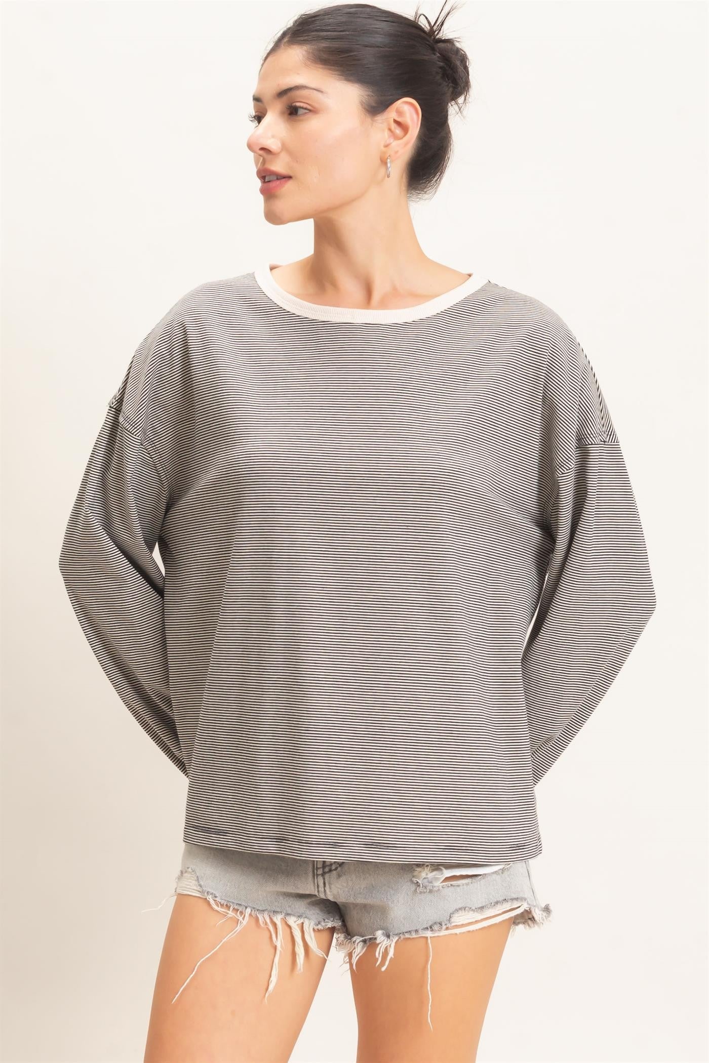 Black Striped Boat Neck Long Sleeve Top