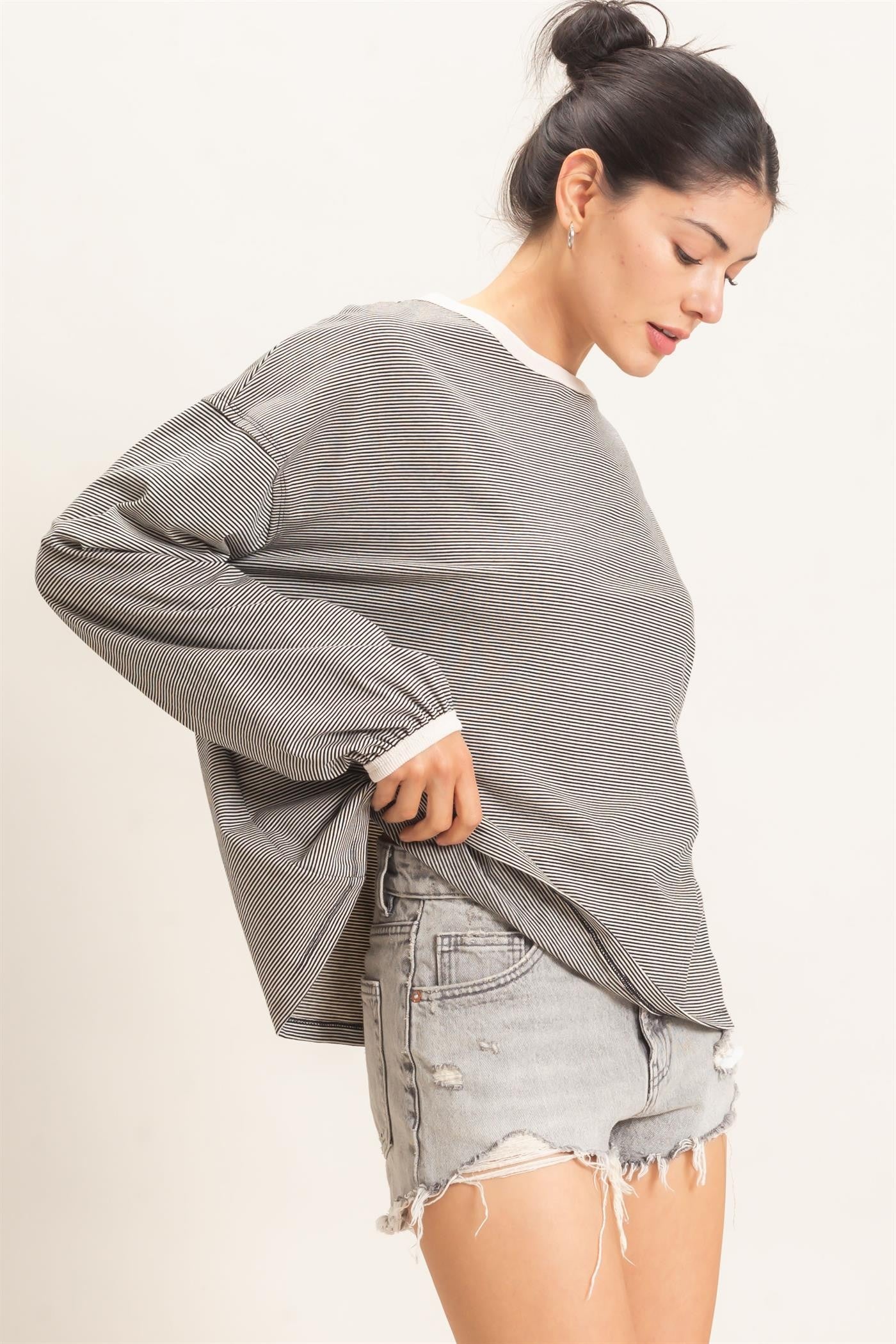 Black Striped Boat Neck Long Sleeve Top