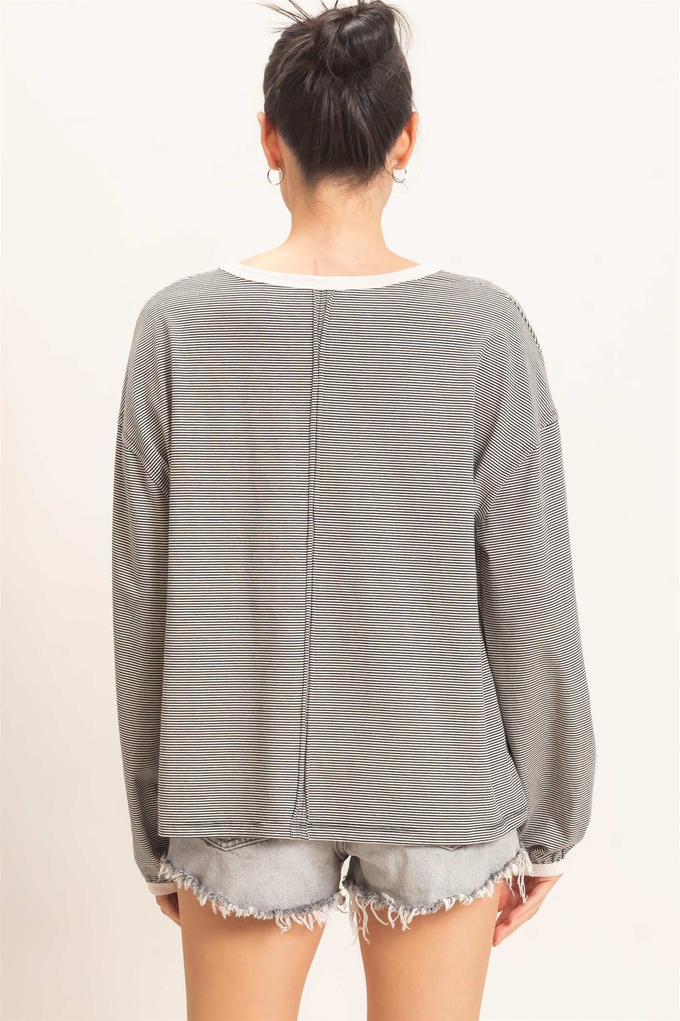 Black Striped Boat Neck Long Sleeve Top