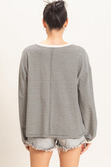 Black Striped Boat Neck Long Sleeve Top