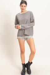 Black Striped Boat Neck Long Sleeve Top