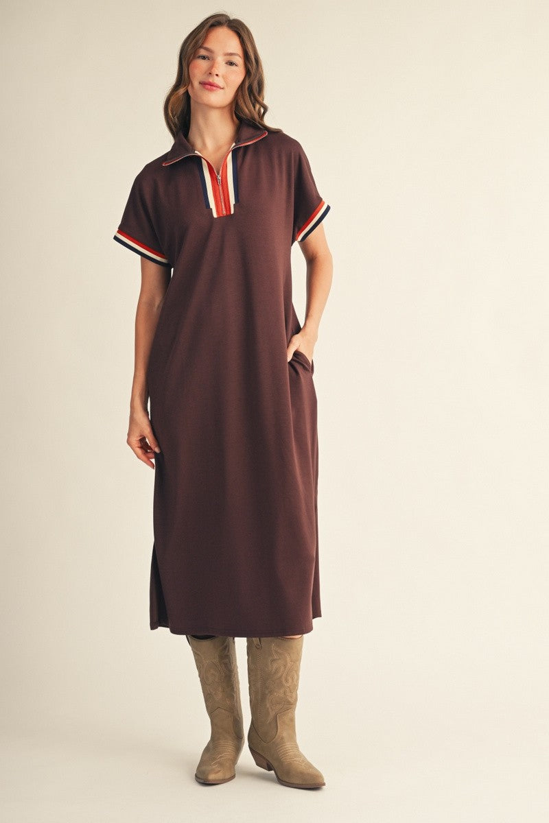 Brown Color Rib Band Trim Side Slit Midi Dress