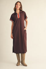 Brown Color Rib Band Trim Side Slit Midi Dress