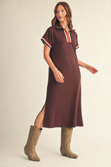 Brown Color Rib Band Trim Side Slit Midi Dress
