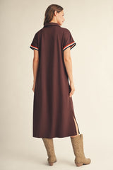 Brown Color Rib Band Trim Side Slit Midi Dress