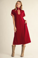 Burgundy Color Rib Band Trim Side Slit Midi Dress