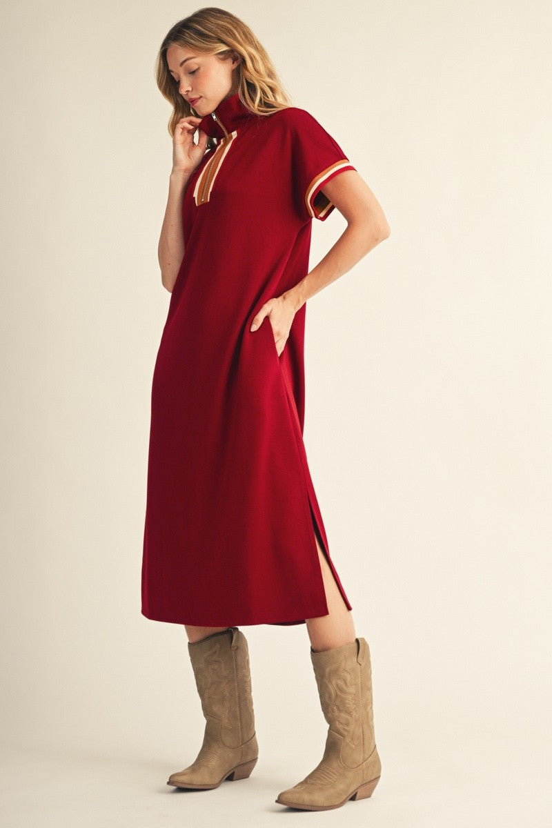 Burgundy Color Rib Band Trim Side Slit Midi Dress