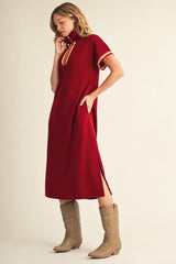 Burgundy Color Rib Band Trim Side Slit Midi Dress