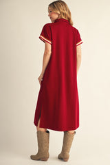Burgundy Color Rib Band Trim Side Slit Midi Dress