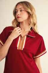 Burgundy Color Rib Band Trim Side Slit Midi Dress