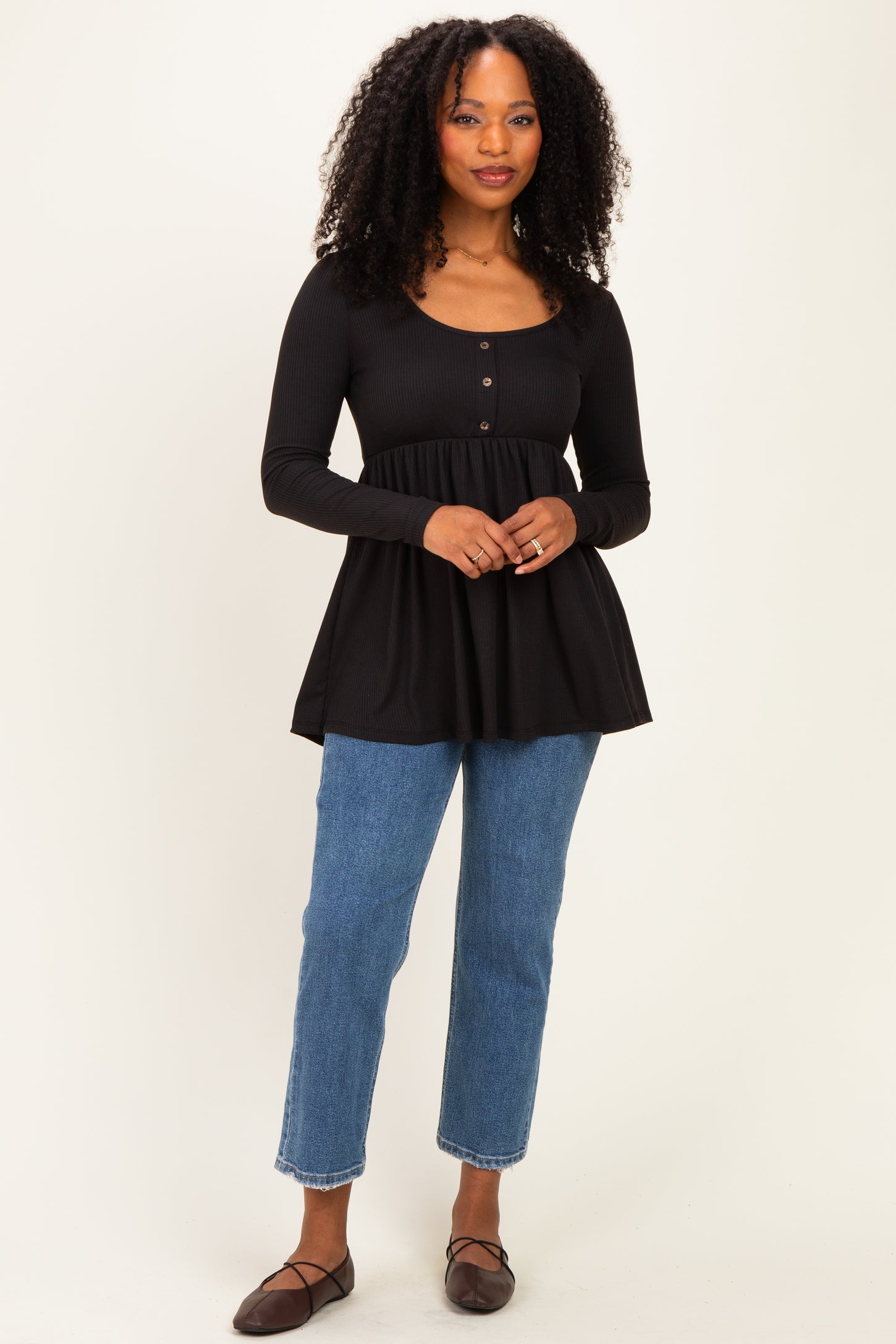 Black Scoop Neck Button Front Long Sleeve Babydoll Top