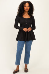 Black Scoop Neck Button Front Long Sleeve Babydoll Top