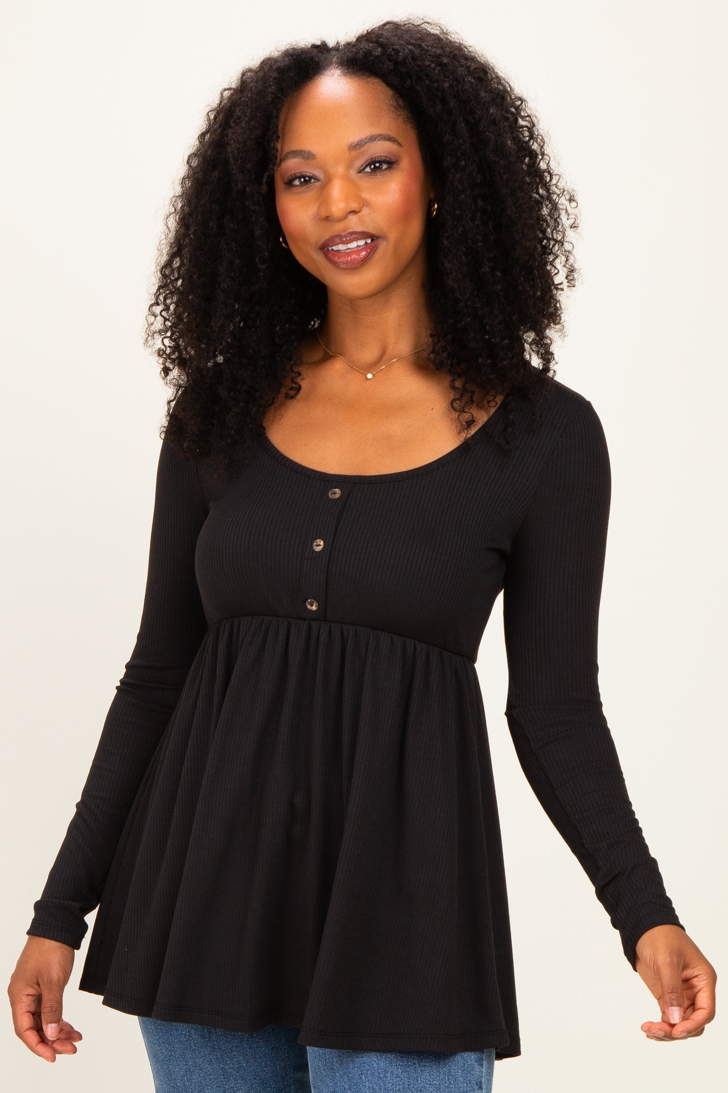 Black Scoop Neck Button Front Long Sleeve Babydoll Maternity Top