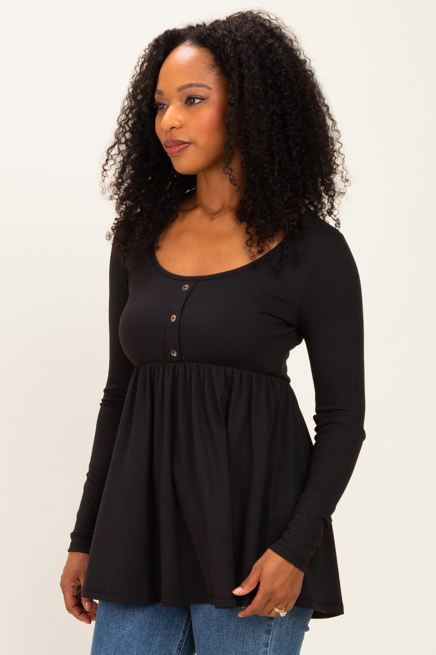 Black Scoop Neck Button Front Long Sleeve Babydoll Top