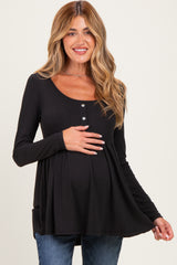 Black Scoop Neck Button Front Long Sleeve Babydoll Maternity Top