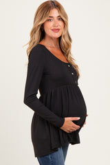 Black Scoop Neck Button Front Long Sleeve Babydoll Maternity Top