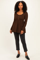 Brown Scoop Neck Button Front Long Sleeve Babydoll Top