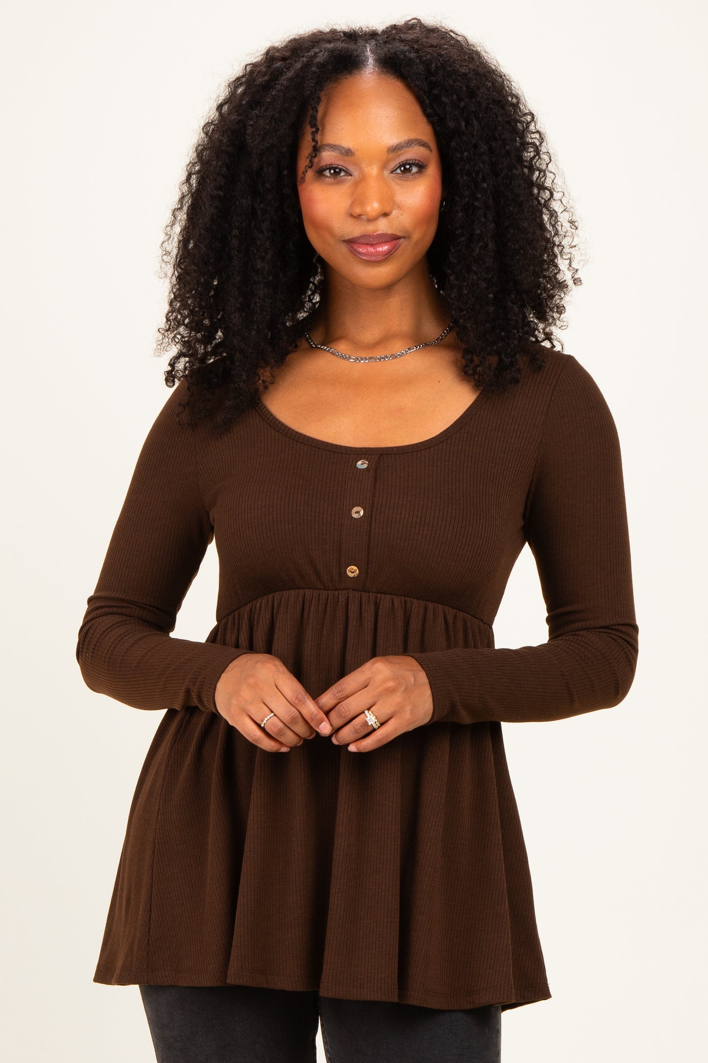 Brown Scoop Neck Button Front Long Sleeve Babydoll Top