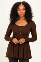 Brown Scoop Neck Button Front Long Sleeve Babydoll Top