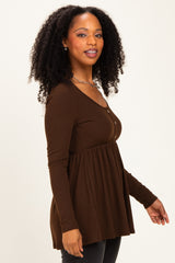 Brown Scoop Neck Button Front Long Sleeve Babydoll Top