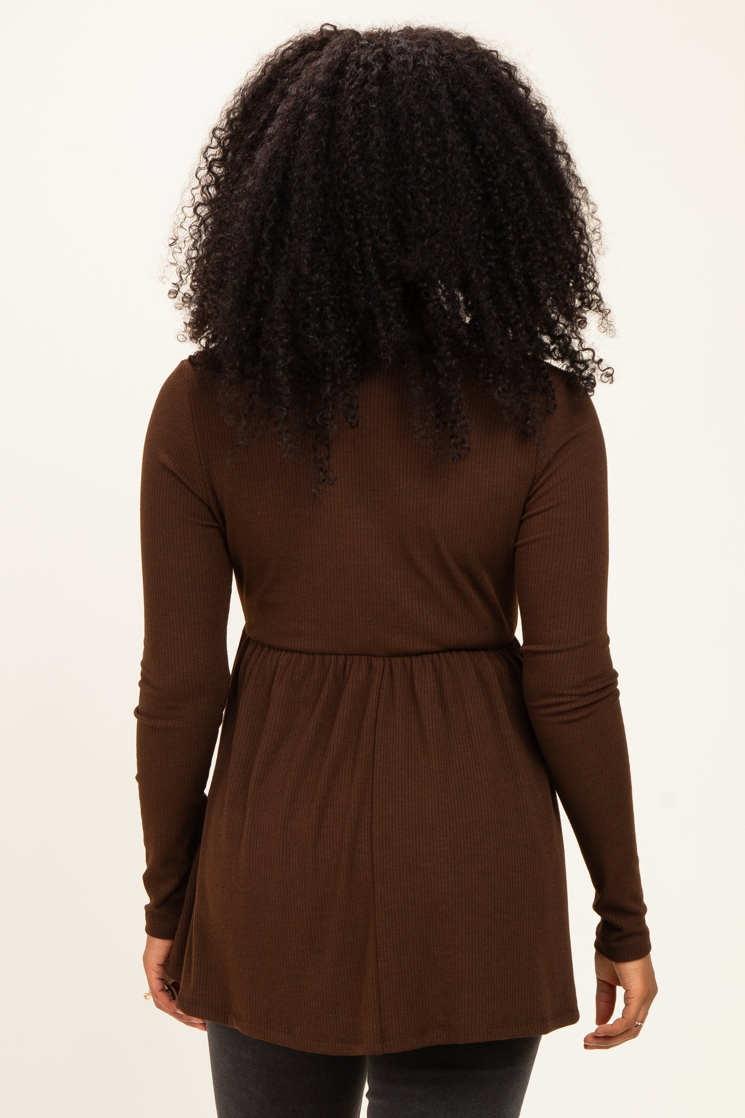 Brown Scoop Neck Button Front Long Sleeve Babydoll Top