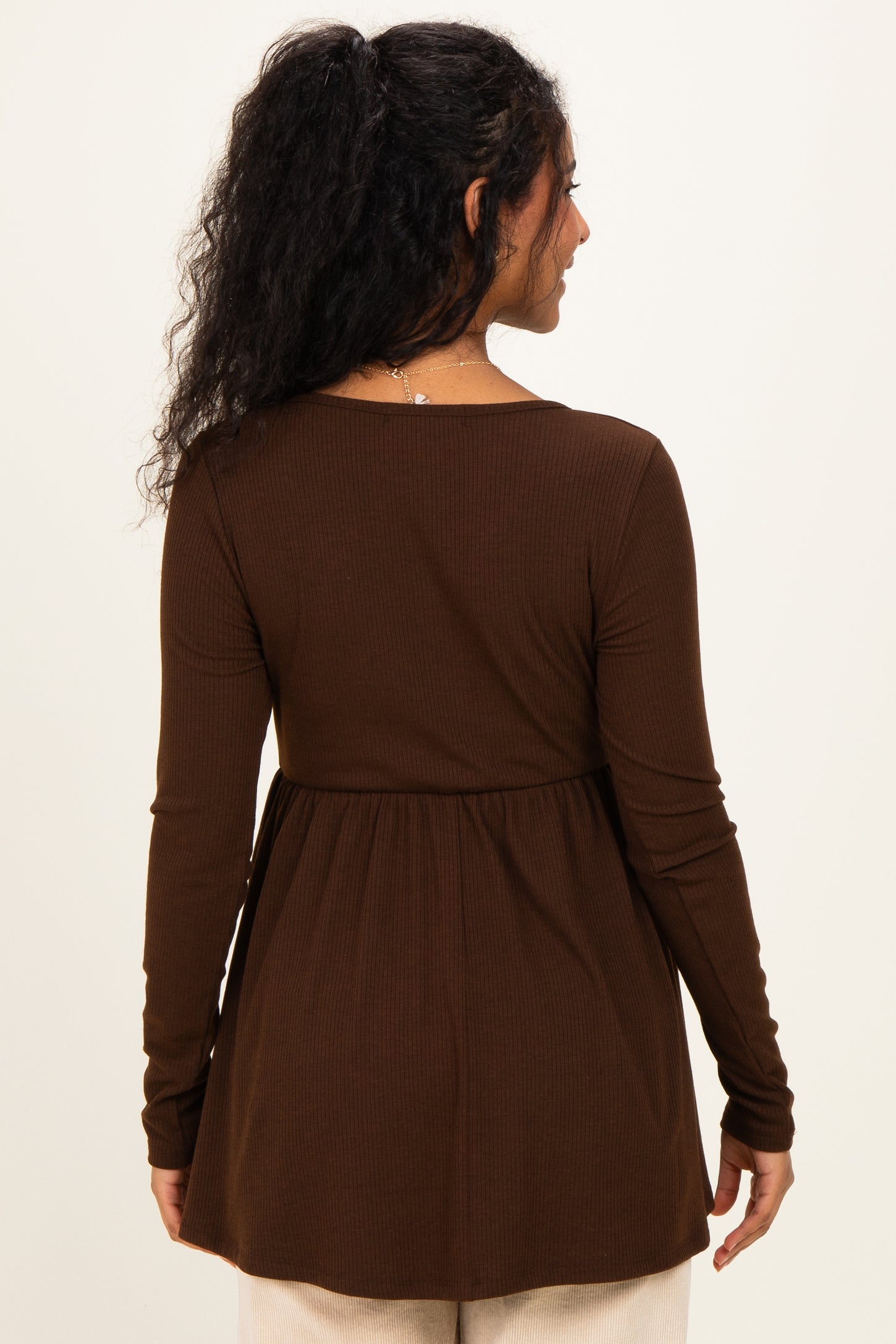 Brown Scoop Neck Button Front Long Sleeve Babydoll Maternity Top