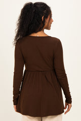 Brown Scoop Neck Button Front Long Sleeve Babydoll Maternity Top