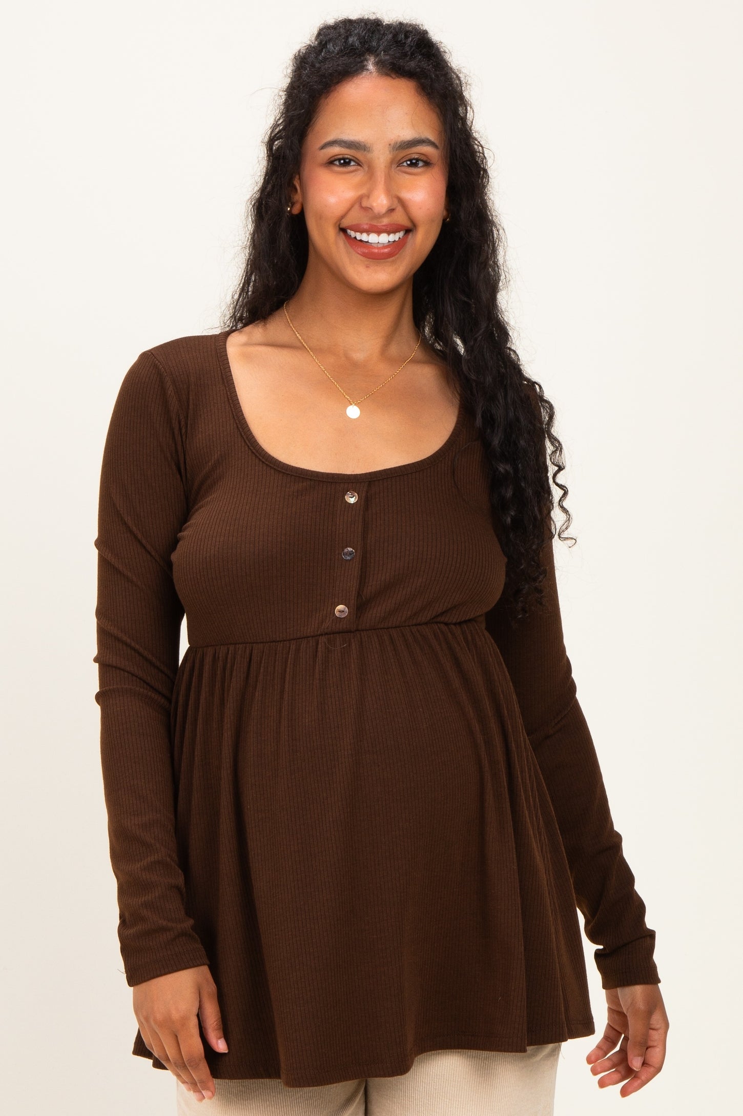 Brown Scoop Neck Button Front Long Sleeve Babydoll Maternity Top