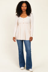 Cream Scoop Neck Button Front Long Sleeve Babydoll Top
