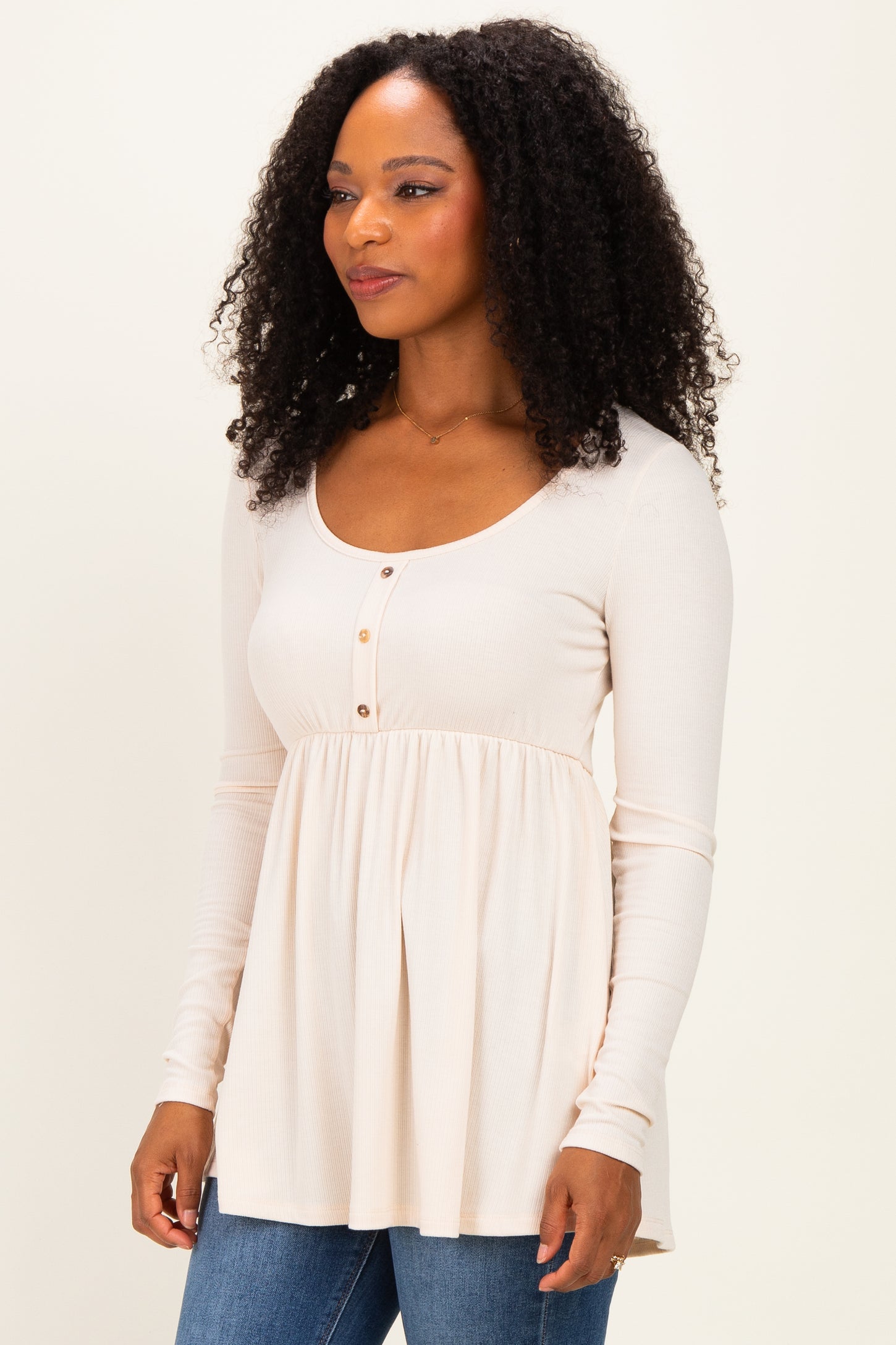 Cream Scoop Neck Button Front Long Sleeve Babydoll Top