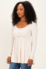 Cream Scoop Neck Button Front Long Sleeve Babydoll Top