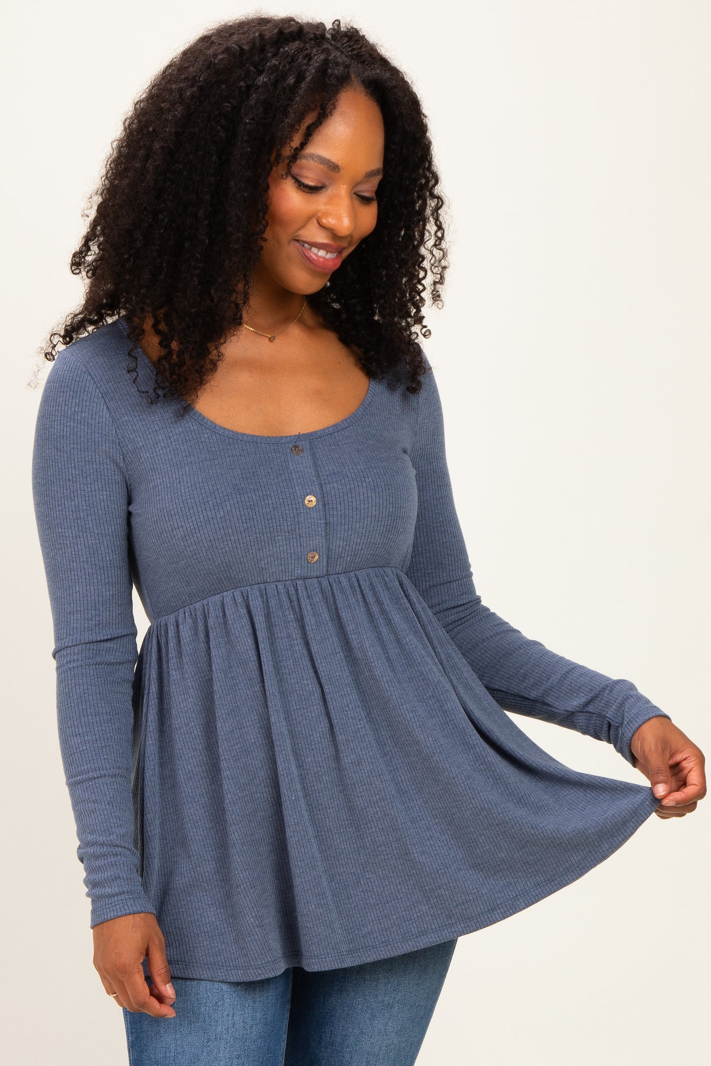 Blue Scoop Neck Button Front Long Sleeve Babydoll Top