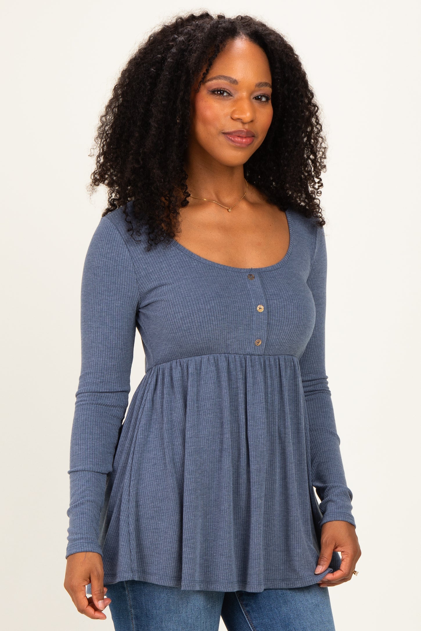 Blue Scoop Neck Button Front Long Sleeve Babydoll Top