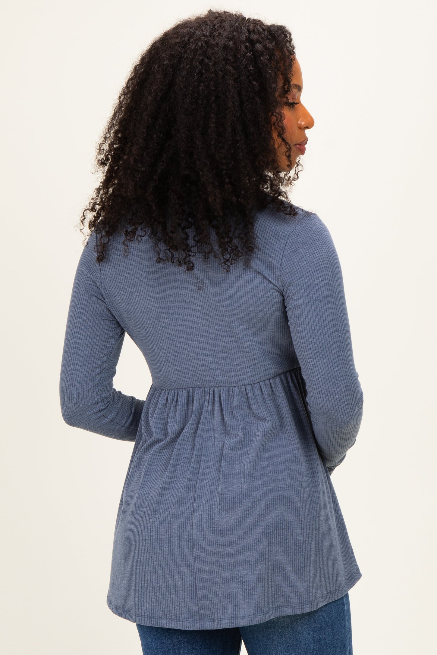 Blue Scoop Neck Button Front Long Sleeve Babydoll Top