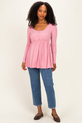 Mauve Scoop Neck Button Front Long Sleeve Babydoll Maternity Top