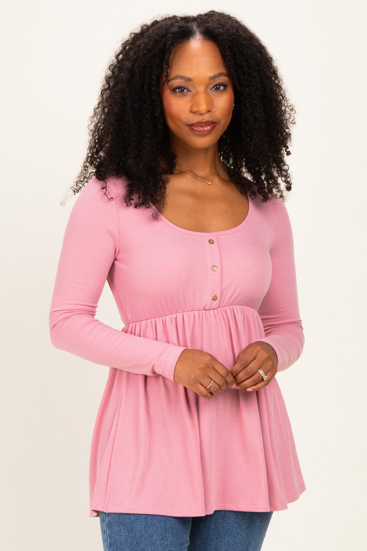 Mauve Scoop Neck Button Front Long Sleeve Babydoll Top