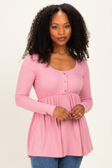 Mauve Scoop Neck Button Front Long Sleeve Babydoll Top