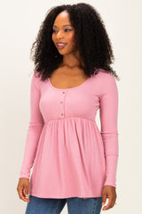 Mauve Scoop Neck Button Front Long Sleeve Babydoll Top