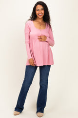 Mauve Scoop Neck Button Front Long Sleeve Babydoll Maternity Top