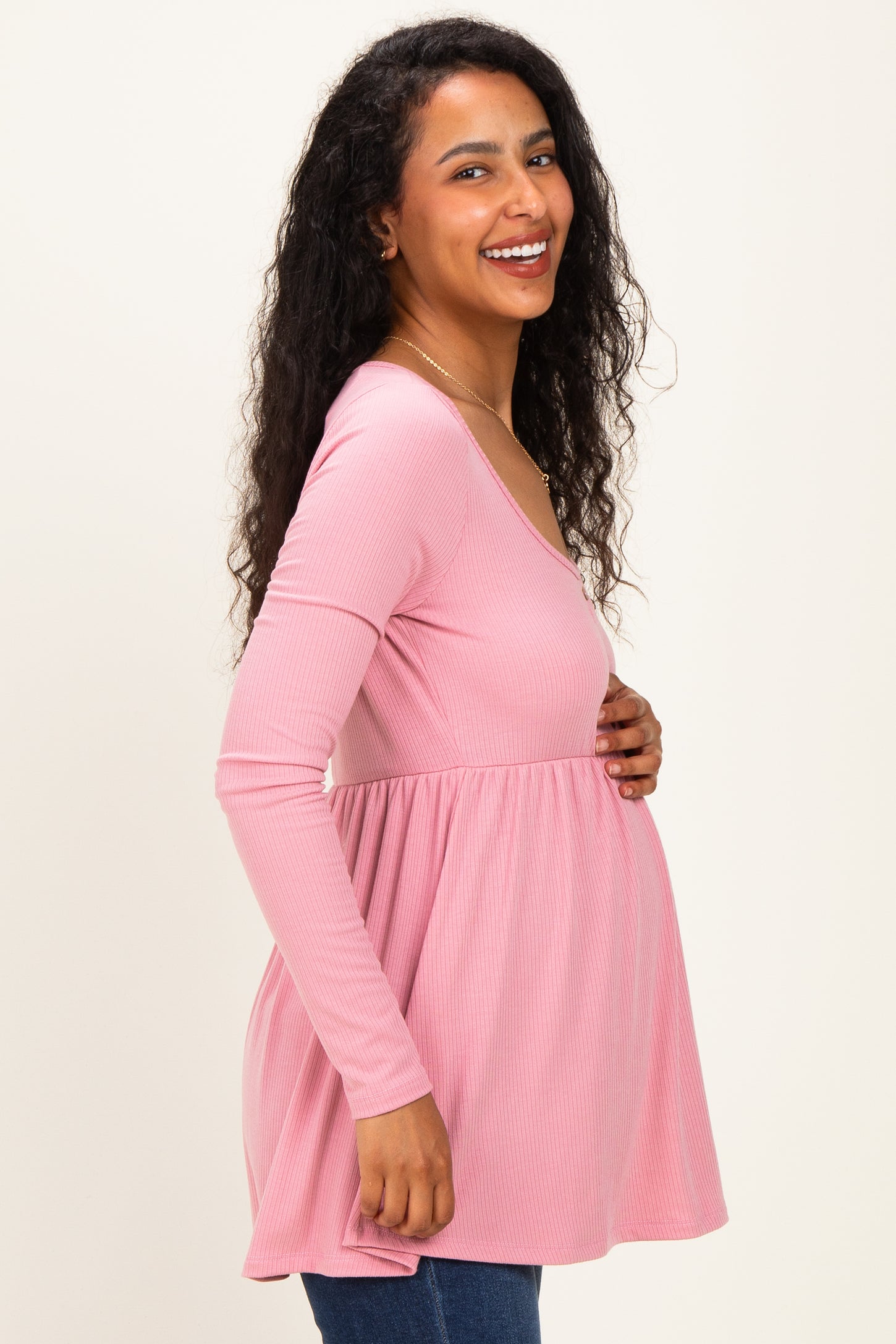 Mauve Scoop Neck Button Front Long Sleeve Babydoll Maternity Top
