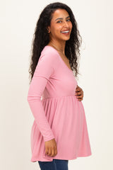 Mauve Scoop Neck Button Front Long Sleeve Babydoll Maternity Top