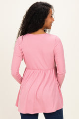 Mauve Scoop Neck Button Front Long Sleeve Babydoll Maternity Top