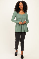 Sage Scoop Neck Button Front Long Sleeve Babydoll Top